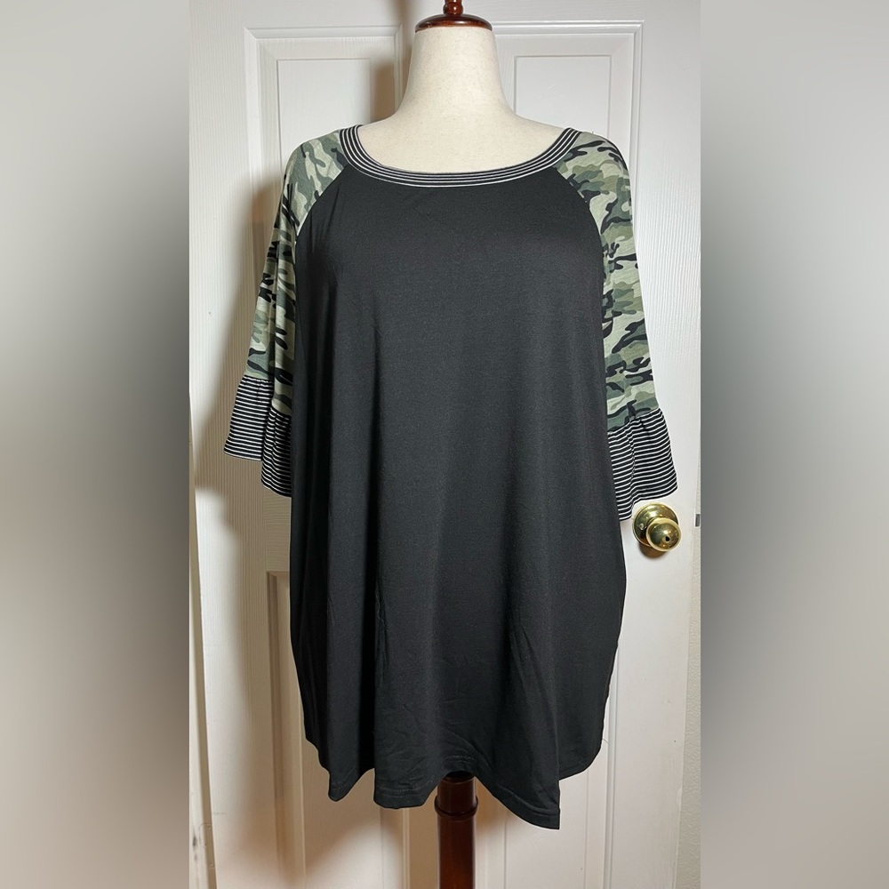 BloomChic Black Tunic Top w/ Camo Raglan Sleeves & Striped Ruffle Hem